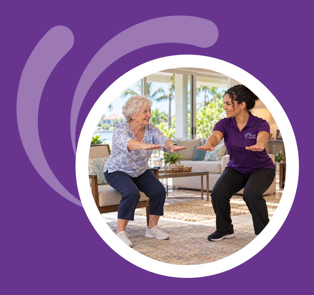 Mind & Mobility therapist guiding an older adult through sit-to-stand exercises in a Florida home